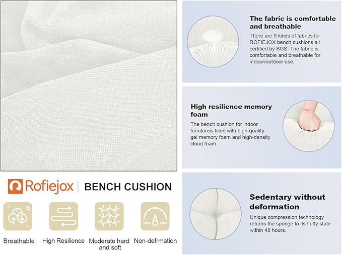 Bench Cushion 48 Inch - Chenille, High-Density Memory Foam, Non-Slip Bottom, Soft Durable Indoor Tufted Long Seat Cushion for Window Garden Furniture (White, 48x16x4 Inch)