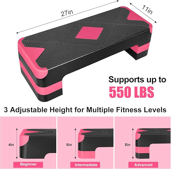 Adjustable Workout Aerobic Stepper in Fitness & Exercise Step Platform Trainer 3 settings adjustable height 4”-6”-8”