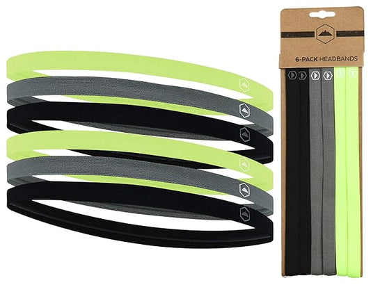 Tough Headwear Thin Elastic Headbands for Men - Sports Hair Head Band for Women & Men - Non Slip Mens Workout Headband - Running or Soccer Headband - 6-Pack