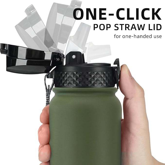 Fanhaw 20 Oz Stainless Steel Insulated Sports Water Bottles with Straw for Kids, Men and Women (Olive Green)