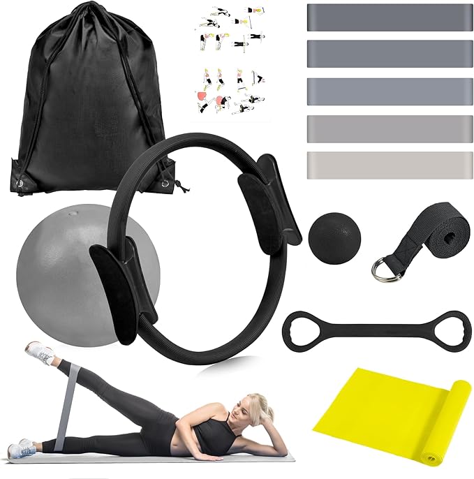 HASHMUST Pilates Ring Kit 12 PCS for Women, Home Workout Equipment with Magic Circle, Mini Exercise Ball, Resistance Bands, Massage Lacrosse, Yoga Strap, Full-Body Fitness Set for Toning & Gift