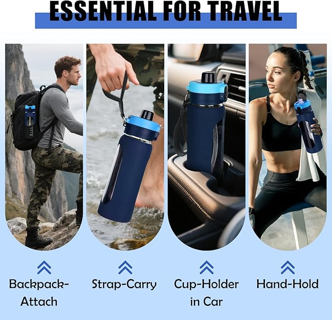 ANOTION 24OZ Glass Water Bottle, Large Sports Water Bottle with Dual-Drink Lid Clear Leakproof Glass Bottles with Straw, Motivational Jug with Silicone Sleeve and Time Marker for Travel Gym-Blue