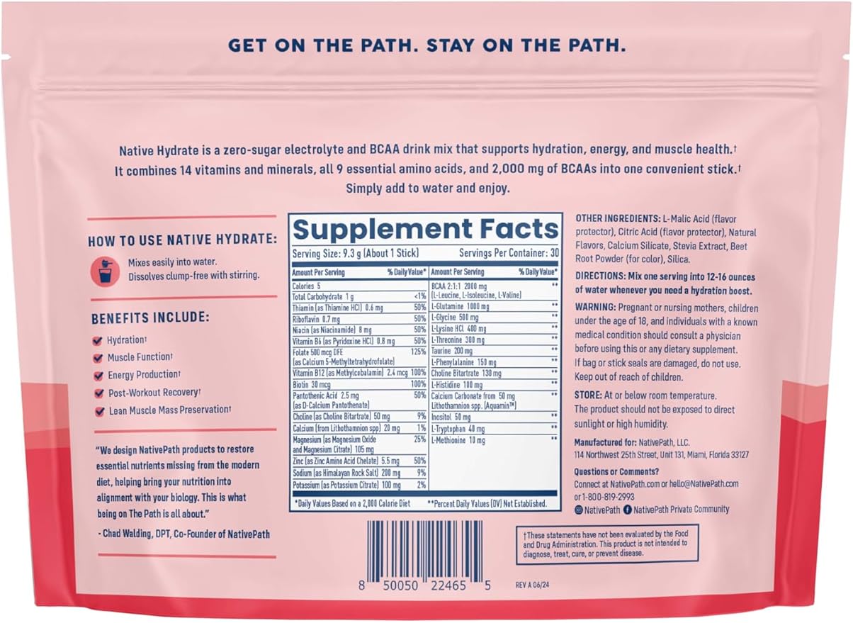 NativePath Native Hydrate Stick Packs, Sugar Free Electrolytes Powder with BCAAs, Mixed Berry Hydration, Keto & Paleo Friendly, 30 Servings