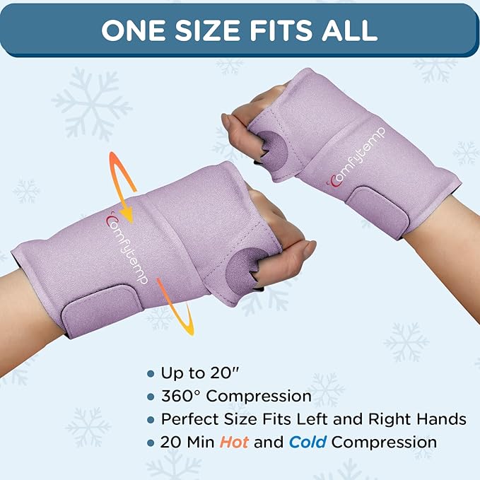 Comfytemp Wrist Ice Pack Wrap for Carpal Tunnel Relief, 2 Gel Packs, Hot Cold Compression Brace for Hand Injuries Reusable, Tendonitis, Men Women Surgery Gift (Purple)