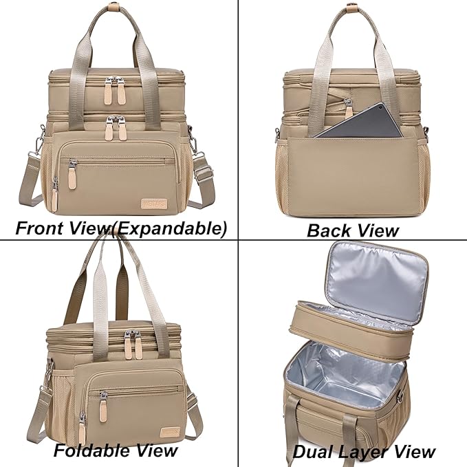 Weitars Insulated Lunch Box for Women Men-Dual Compartment Waterproof Reusable Large Lunch Bag Wide-Open Tote Cooler Bag for Working Picnic Hiking (15L) (Kahki)