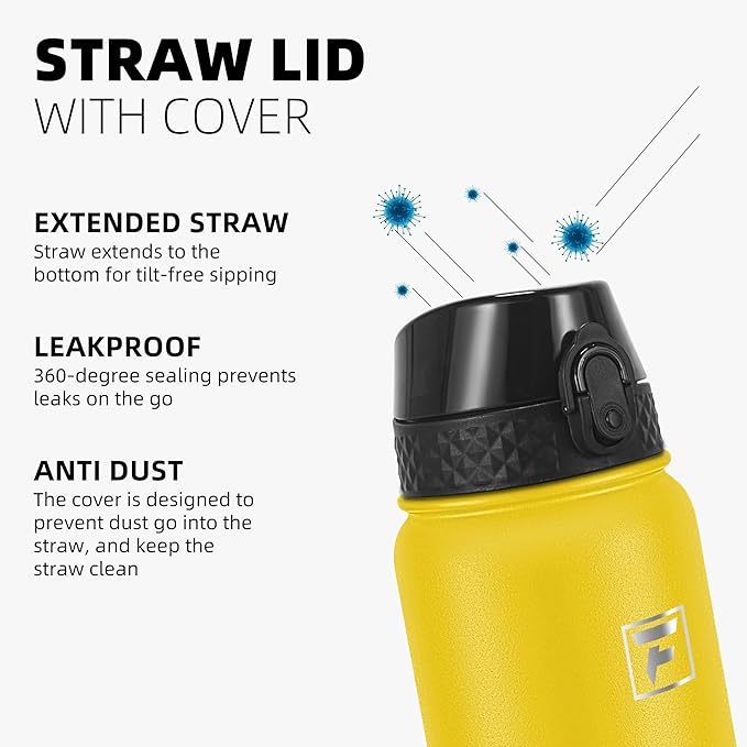 Fanhaw 32 Oz Stainless Steel Insulated Sports Water Bottles with Straw for Kids, Men and Women (Yellow)