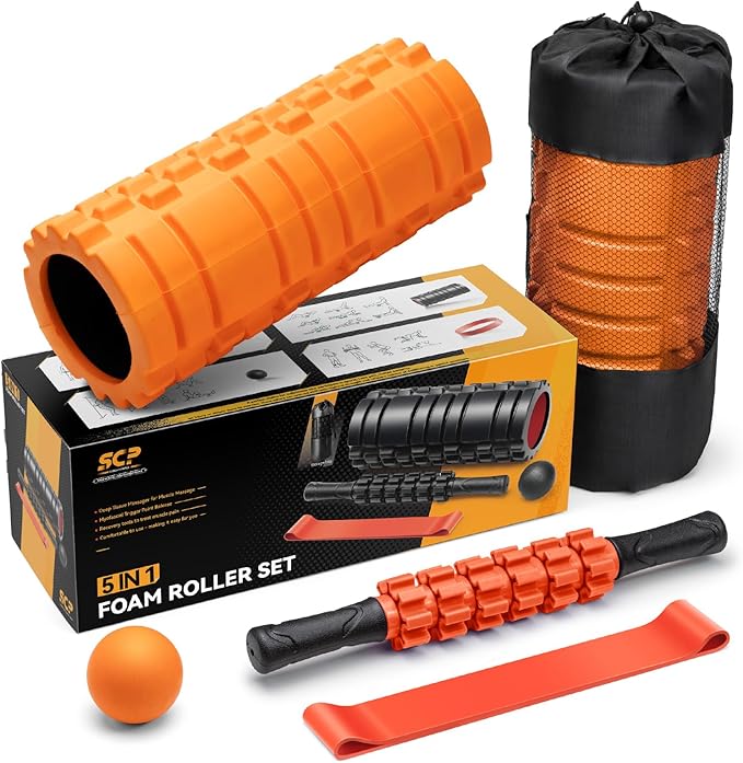 5 in 1 Foam Roller Set for Deep Tissue Muscle Massage, Trigger Point Fitness Exercise Foam Roller, Massage Roller, Massage Ball, Stretching Strap, for Whole Body (Orange-New)