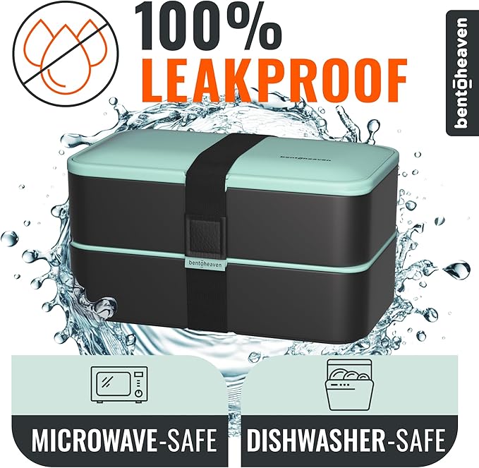 Bentoheaven Premium Bento Box Adult Lunch Box with Compartments for Women & Men, Set of Utensil & Chopsticks & Dip Container, Cute Japanese Kids Bento Lunch Box, Microwavable (Billie Green)