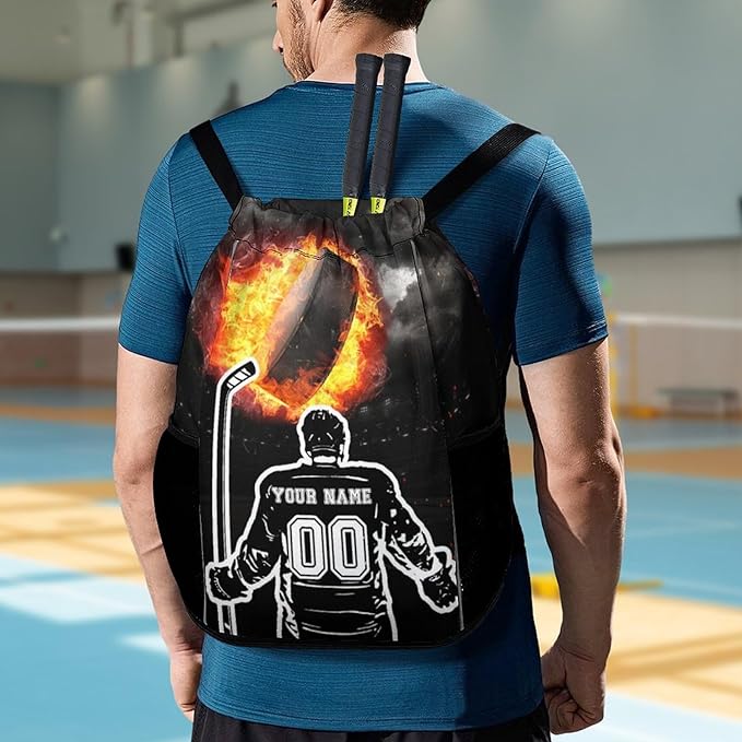 Custom Hockey Drawstring Backpack - Cool Cinch Sack, String Backpacks with Pocket for Kids Women Men Boys Girls for Gym Outdoor Sports Travel Athletic Drawstring Bag - Lightweight/Foldable
