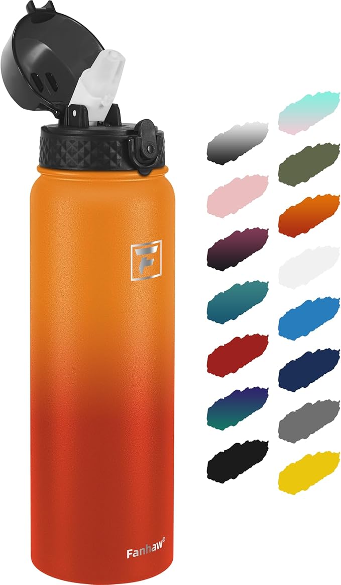 Fanhaw 32 Oz Stainless Steel Insulated Sports Water Bottles with Straw for Kids, Men and Women (Yellow Orange)
