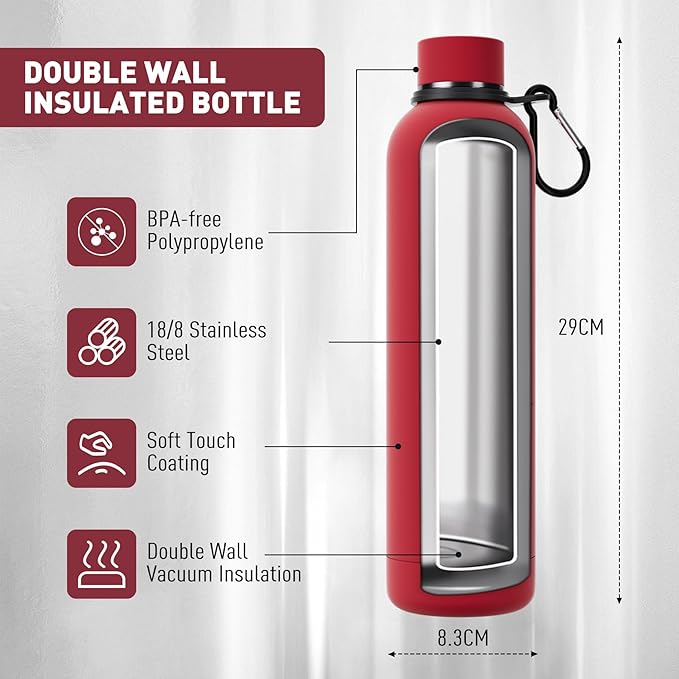 Slim Insulated Water Bottles for Travel 32oz with Clip, Double Wall Vacuum Stainless Steel Water Bottle Keeps Drinks Cold 24 Hrs/Hot 12 Hrs, 100% Leakproof, BPA Free（Red）