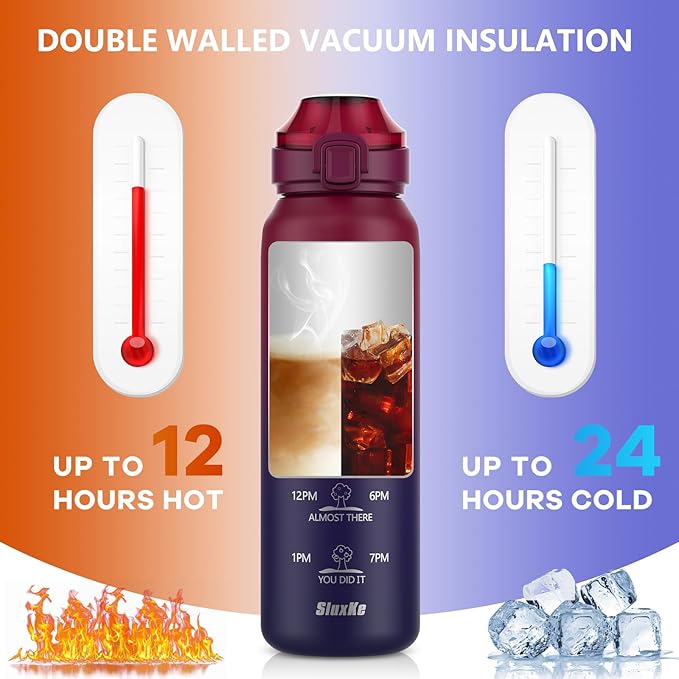 Insulated Water Bottle 32oz with 2Lids(Straw Lid & Spout Lid), 1L Double Walled Water Bottle with Time Marker, 1000ml Stainless Steel Metal Flask for Fitness, Gym and Outdoor RED BLACK