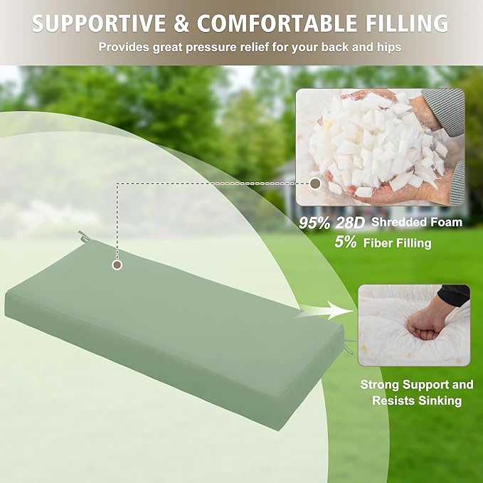 Outdoor Bench Cushion Waterproof 59"x18" – Fade-Resistant Patio Furniture Cushion with Ties for Loveseat, Porch Swing or Indoor Bench Replacement, Sage Green