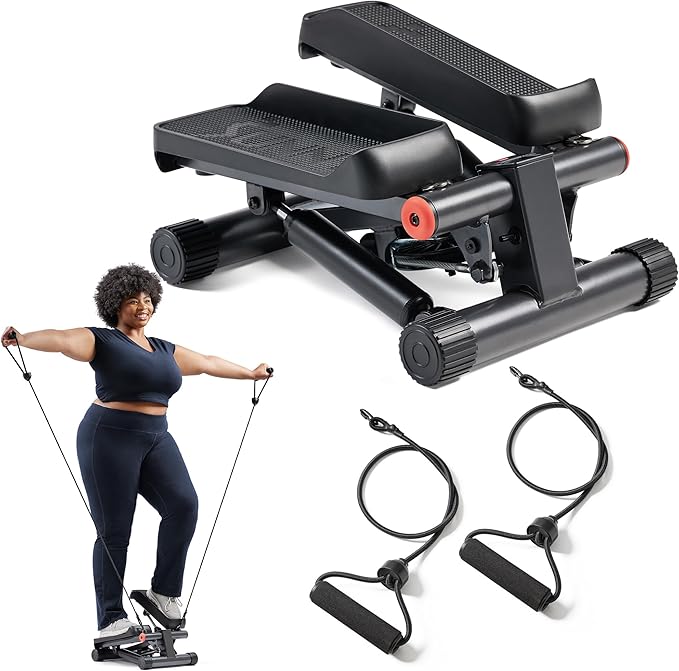 Sunny Health & Fitness Mini Stepper for Exercise at Home, Stair Step Workout Machine with Resistance Band and Over 300lb Weight Capacity, Optional Twist Motion and Free SunnyFit App Connection