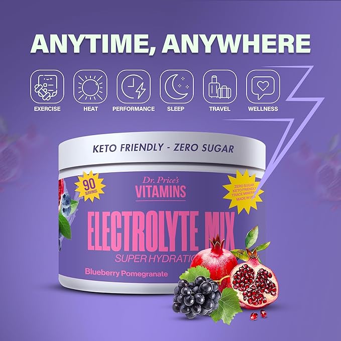 Dr. Price’s Electrolyte Mix | Sugar-Free Hydration Powder with 72+ Trace Minerals | No Sugar, Fast-Dissolving Electrolytes Powder Packets | Blueberry-Pomegranate, 90 Servings