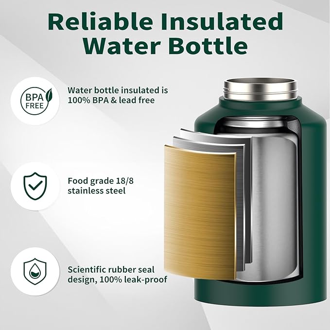 1 Gallon Water Bottle Insulated(Cold for 48 Hrs),BPA Free&Leak Proof,128oz Stainless Steel Water Jug,Big thermo,Large Water Bottle with Handle for Gym,Hiking,Camping&Travel,Dark Green