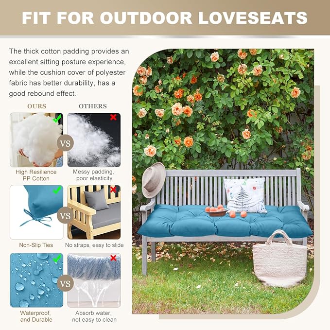 Outdoor Bench Cushion 60inches Waterproof & Fade Resistant Patio Furniture Cushions Tufted Fresh Porch Swing Lounger Loveseat Pads with Straps(Turquoise-60x20in)
