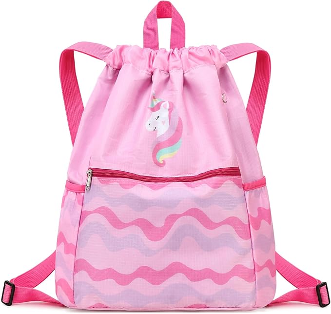 Drawstring Backpack for Girls Women Lgihtweight Large Travel Bags Sport String Bag Sackpack for Gym Shopping Yoga Bag Unicorn Pink