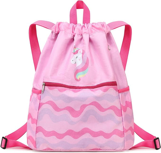 Drawstring Backpack for Girls Women Lgihtweight Large Travel Bags Sport String Bag Sackpack for Gym Shopping Yoga Bag Unicorn Pink