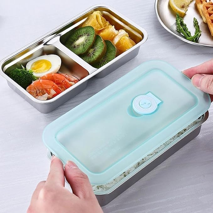 Stainless Steel Snack Containers for Kids and Adults [2/4/6-Pack Set] Reusable Food Storage Container Set with Lids-2 Compartment Bento Box for Lunch,Travel, Meal Prep- Leakproof & Dishwasher Safe(2)