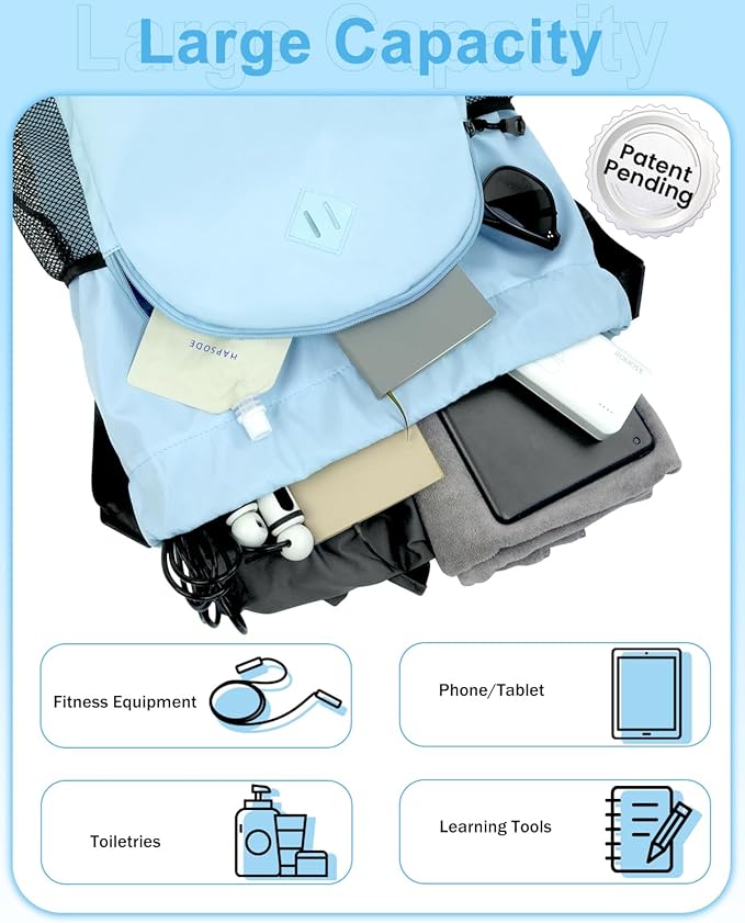 Drawstring Backpack Gym Backpack with Shoe Compartment for Men Women String Sports Bag with Wet Pocket Cinch Swim Beach Bag, Blue (Patent Pending)