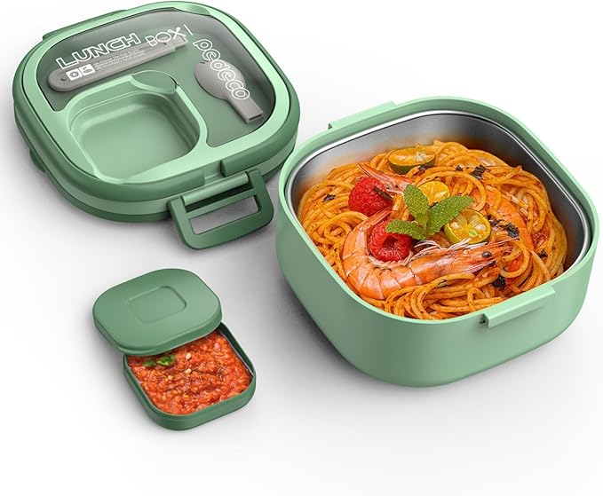 Single-Layer Bento Lunch Box for Kids & Adults with Removable Stainless Steel Lunch Container,Dressing Container,BPA-Free,Dishwasher Safe - Includes Utensil(Green,Not Insulated)