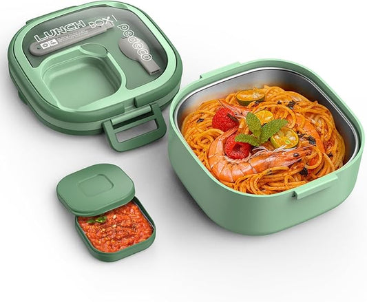 Single-Layer Bento Lunch Box for Kids & Adults with Removable Stainless Steel Lunch Container,Dressing Container,BPA-Free,Dishwasher Safe - Includes Utensil(Green,Not Insulated)