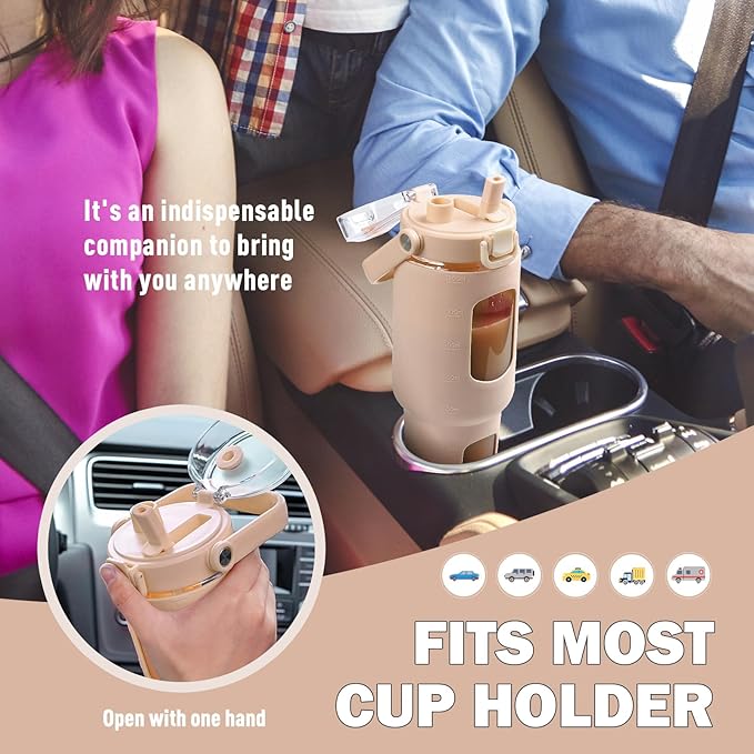 BLUEGO 40 oz Glass Water Bottles with Straw Time Marker, Glass Tumbler with Handle Top Lids, Easy to Clean, Fits in Car Cup Holder, Leakproof Jug for Gym, Sports, Workout & Daily, Amber