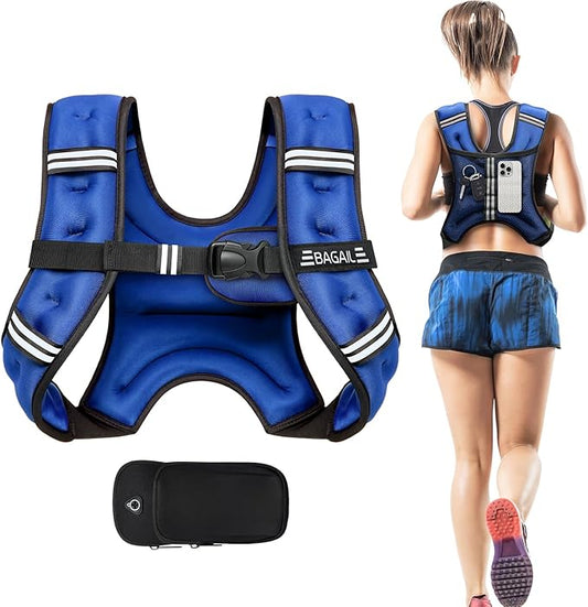 BAGAIL Weighted Vest, 5lbs/8lbs/10lbs/12lbs/15lbs/20lbs/25lbs/30lbs Weight Vest with Detachable Phone Pouch, Rucking Vest for Women, Men, Walking, Weight Loss, Training, Running