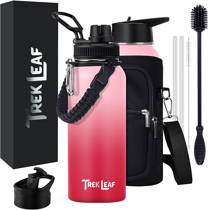 Travel Water Bottle with Carrying Bag, 3 Lids (Spout, Straw, Flip), and Bottle Brush; Leak Proof, Quality, Vacuum Insulated, Stainless Steel (Blush, 32 oz)