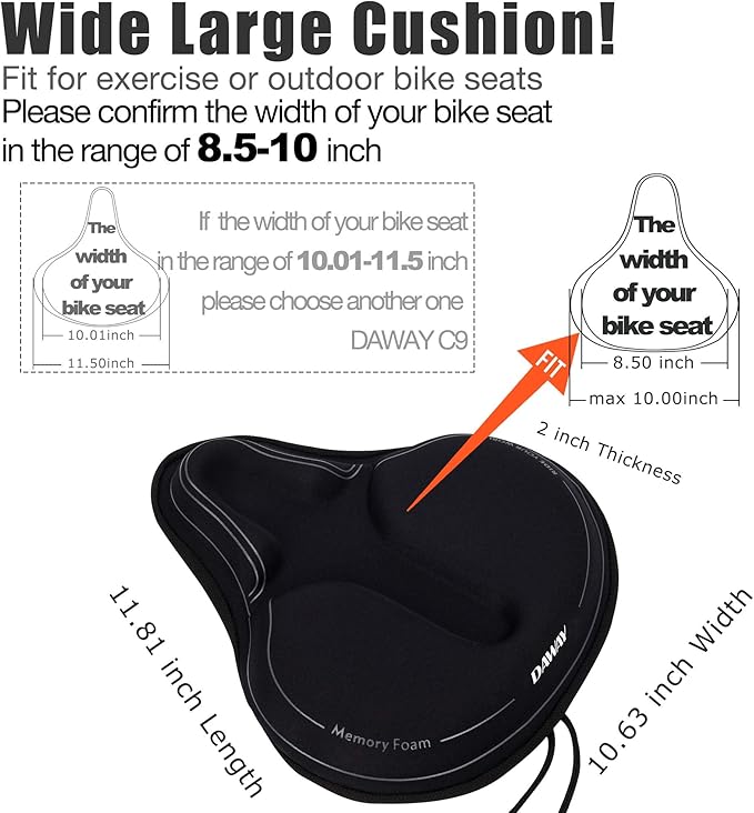 DAWAY Comfortable Bike Seat Cover - C3 Soft Gel & Memory Foam Padded Bike Seat Cushion for Women Men Seniors, Comfort, Fits for Peloton, Stationary, Exercise, Mountain and Cruiser Bicycle Saddles