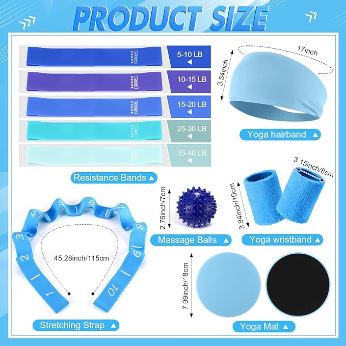 Poen 18 Pcs Pilates Ring Kit Home Pilates Ring Circle and Ball Set for Women Yoga Fitness Set with 5 Resistance Band Stretching Strap Non Slip Sock Ball Core Slider Wristband Headband Gym Bag(Blue)
