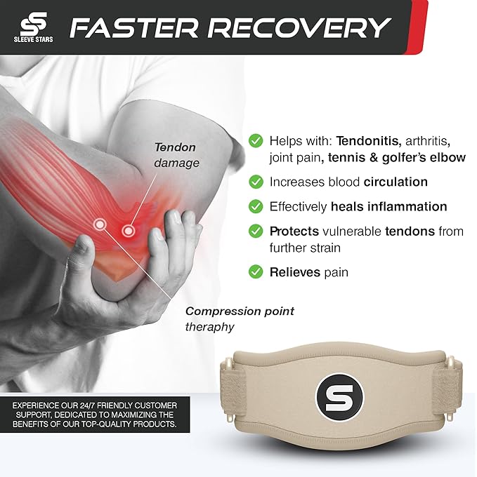 Sleeve Stars Tennis Elbow Brace for Women - Adjustable Tennis Strap, Golfers Elbow Brace for Men, Counterforce for Tennis Elbow for Tendonitis Relief, Fits 9"-23" (Single/Beige)