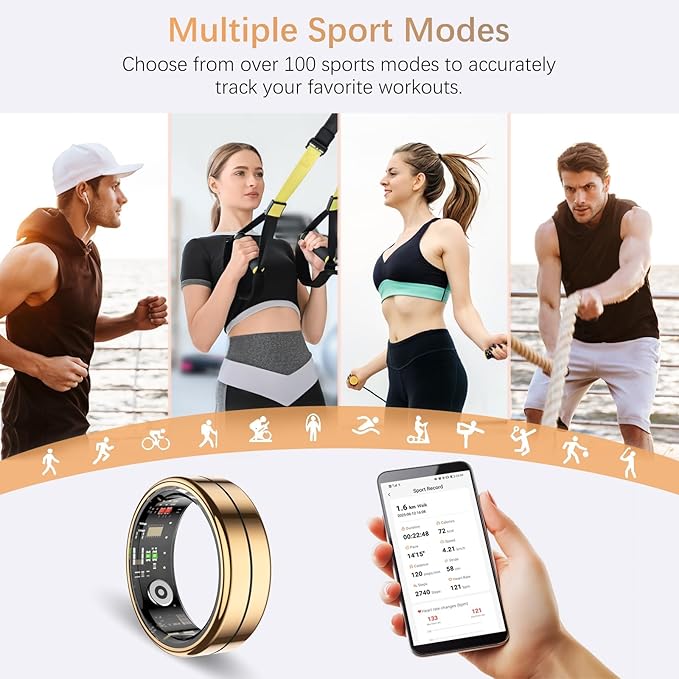 Fit Ring, Smart Health Rings for Women Men with Heart Rate,Blood Oxygen,HRV,Stress Level, Sleep Monitor, Step Tracker, No Subscription Fee, IP68 Waterproof Smart Ring for iphone &Android (Gold, 13#)