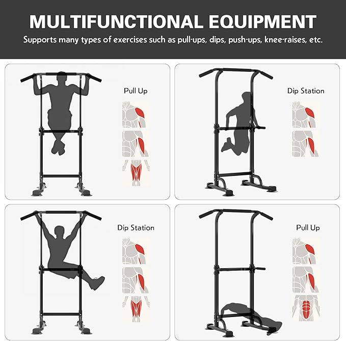 soges Power Tower Pull Up Bar Station, Free Standing Pull Up Rack Dip Station for Home Gym, Height Adjustable Home Strength Training Fitness Workout Equipment