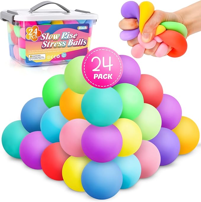 24 Pack Stress Balls for Kids Adults,Slow Rising Stress Ball, Fidget Toys for Anxiety Relief,Hand Therapy Sensory Squishy Ball,Bulk Squeeze Balls,Party Favors Classroom Prizes Goodie Bag Stuffers(2")