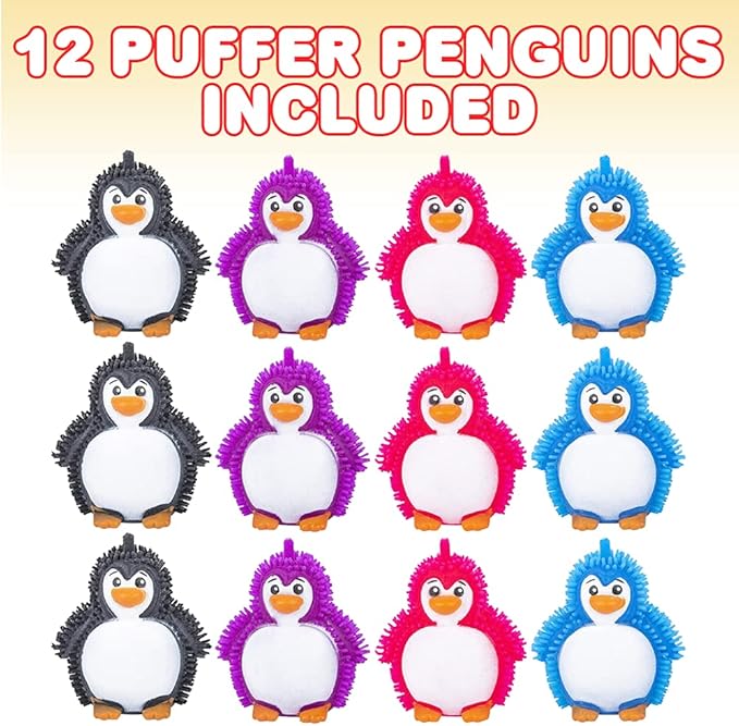 ArtCreativity Puffer Penguins, Set of 12, Fidget Toys for Kids with Soft Rubbery Spikes, Stress Relief Toys in Assorted Colors, Party Favors, Goodie Bag Fillers for Boys and Girls