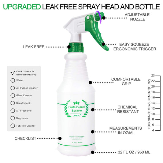 Plastic Spray Bottle 2 Pack, 32 Oz, All-Purpose Heavy Duty Spraying Bottles Leak Proof Mist Empty Water Sprayer for Cleaning Solution, Essential Oils, Hair, Planting with Adjustable Nozzle - Green
