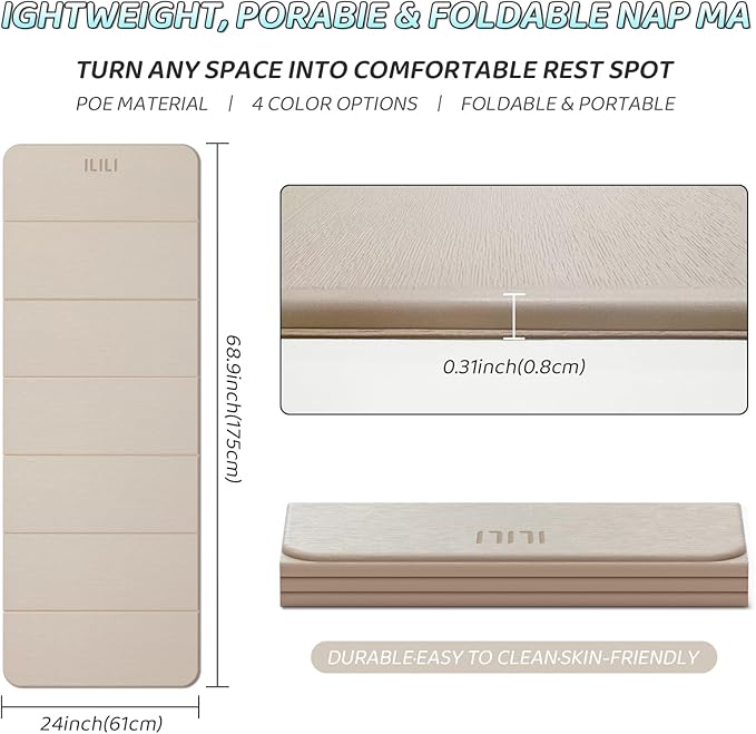 ILILI Foldable Yoga Mat 71 * 24 * 0.3'' - TPE Non-Slip Fitness Mat for Home，Waterproof & Lightweight (2lb) for Home gym, Pilates & Stretching,Fitness Workouts | 7-Fold Portable Design