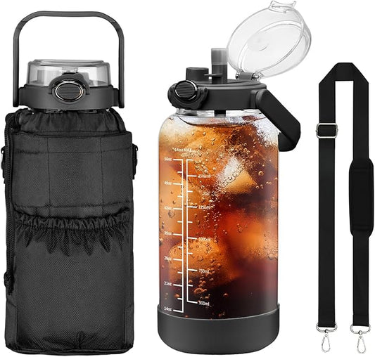 64oz Glass Water Bottle with Straw and Sleeve Half Gallon Motivational Water Bottle with Time Marke and Strap 2L Leakproof Borosilicate Reusable Water Jug for Gym Outdoors
