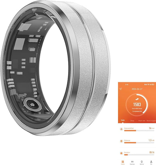 Fitness Tracker Smart Ring,Step Counter,Heart Rate Blood Oxygen Sleep Tracker Health Ring, 5ATM Waterproof Long Battery Life Smart Rings Compatible with iOS & Android (Silver, US 11)