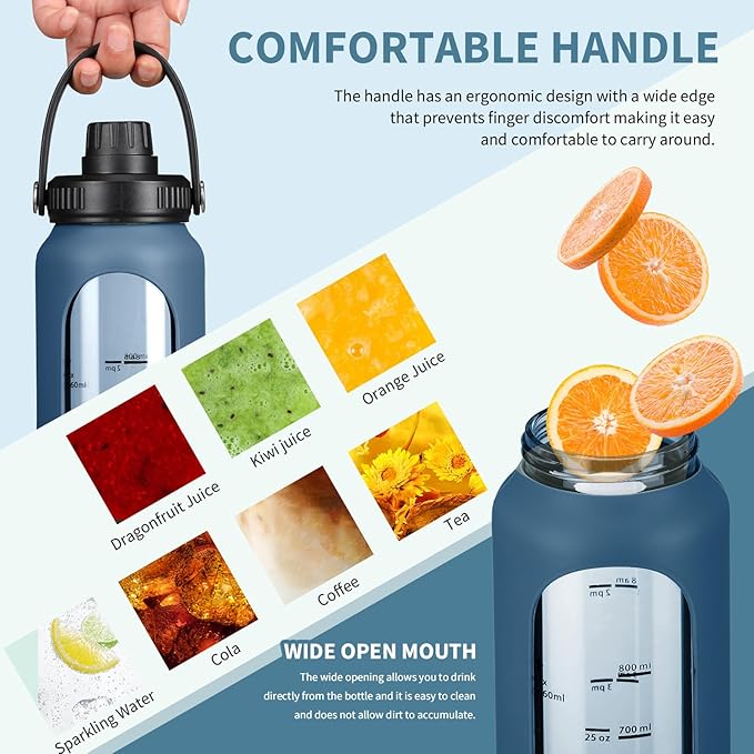 32 oz Glass Water Bottles with 2 Lids-Handle Spout Lid & Straw Lid 1 Liter Motivational Borosilicate Water Bottle with Silicone Sleeve and Time Marker,Leakproof