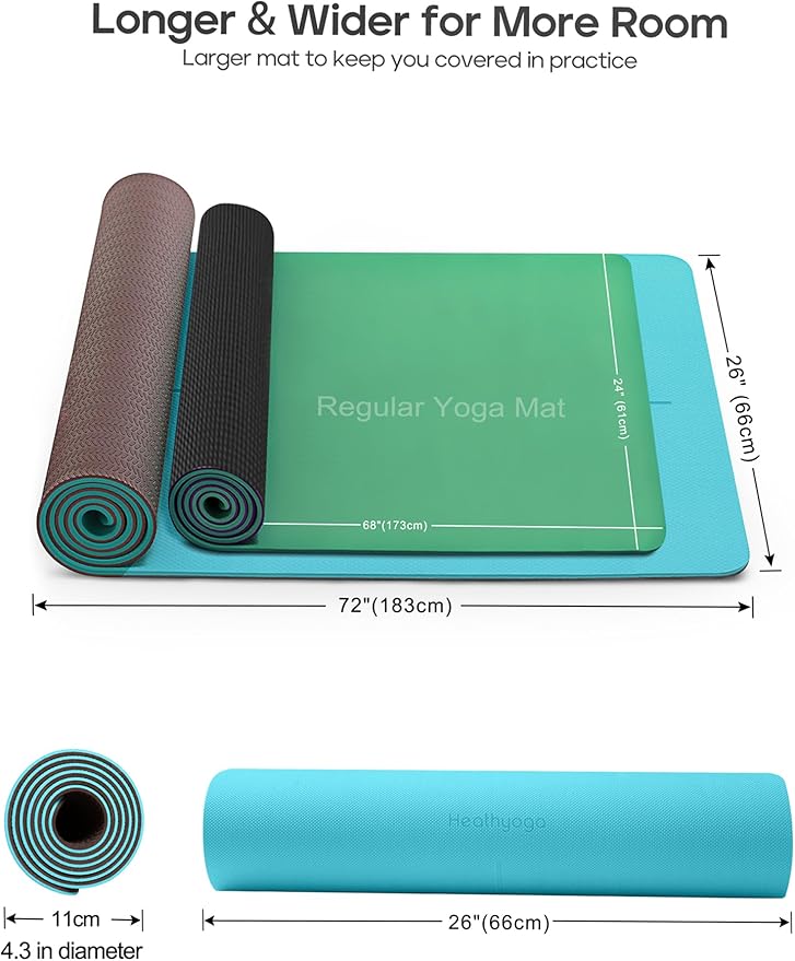 Heathyoga Eco Friendly Non Slip Yoga Mat, Body Alignment System, SGS Certified TPE Material - Textured Non Slip Surface and Optimal Cushioning,72"x 26" Thickness 1/4"