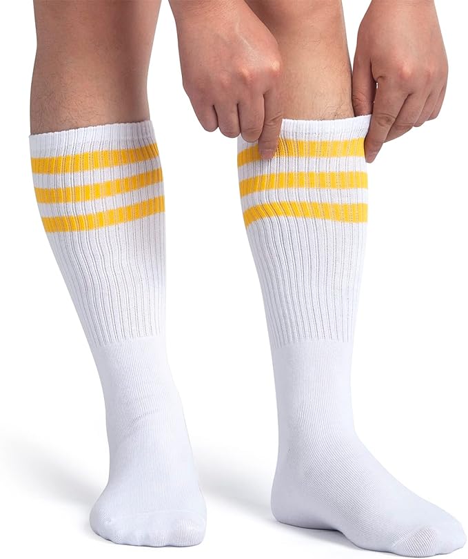 ONUPGO 5 Pieces Sweatbands Striped Socks Set Sports Headband Wristbands High Tube Socks 80s Accessories Costumes