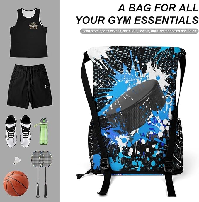 Custom Hockey Drawstring Backpack - Cool Cinch Sack, String Backpacks with Pocket for Kids Women Men Boys Girls for Gym Outdoor Sports Travel Athletic Drawstring Bag - Lightweight/Foldable
