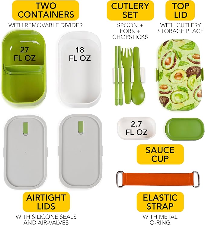 Insulated Stackable Bento Box for Adults with Reusable Chopsticks Japanese Lunch Box Microwavable & Leak Proof Lunch Containers for Men & Women Modern Cute Food Container with Compartments (Green)
