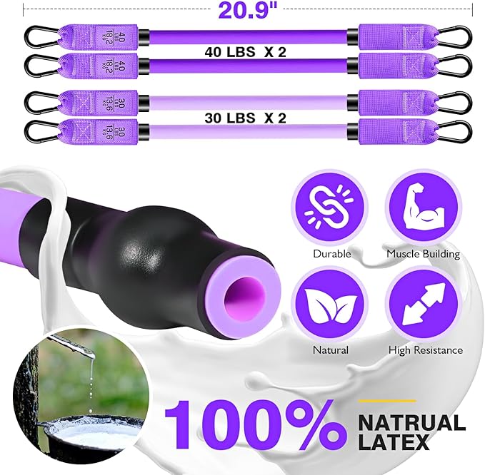 Pilates Bar Kit with Resistance Bands, Pilates Workout Equipment for Legs, Hip, Waist, Arm, Squats Exercise Equipment for Home Workouts, Adjustable 3-Section Pilates Bar Kit for Women & Men