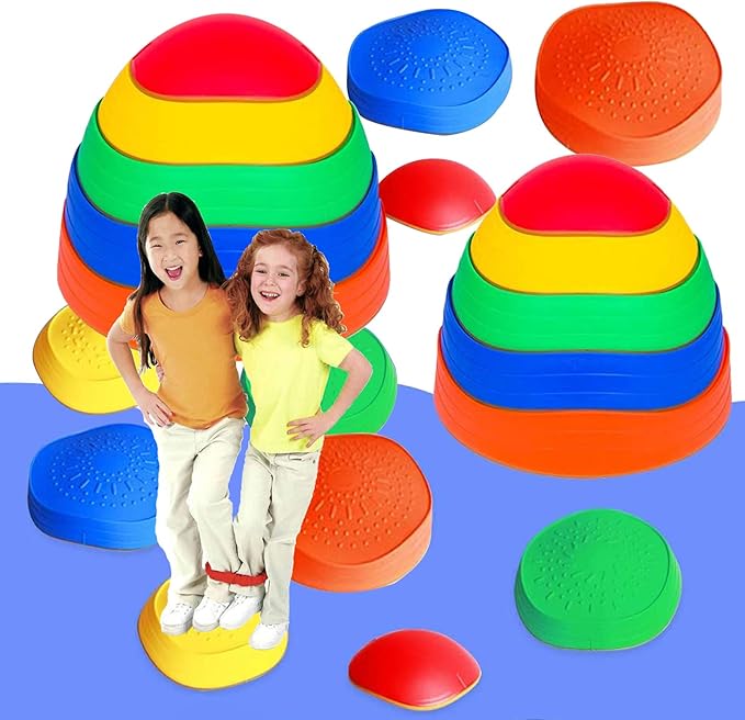 10 PCS Stepping Stones Balance Obstacle Course for Kids, Indoor Outdoor Sensory Play Equipment Helps Build Coordination and Stability, Non-Slip Textured Surface and Rubber Edging