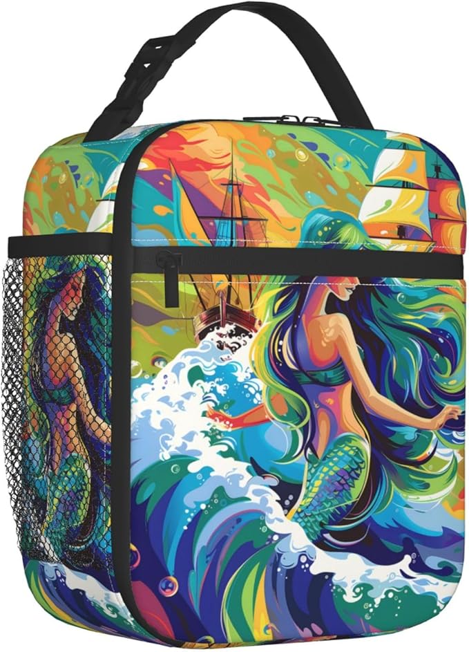 Insulated Lunch Box for Women Men, Cute Mermaid Theme Lunch Box Reusable Portable Lunch Bag Cooler Tote Waterproof Lunch Container for Office Picnic Work Travel