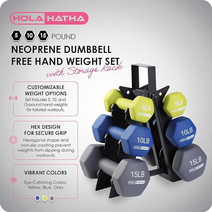 HolaHatha 2, 3, 5, 8, and 10 Pound Neoprene Dumbbell Free Hand Weight Set with Rack, Ideal for Home Exercises to Gain Tone and Definition, Pastel